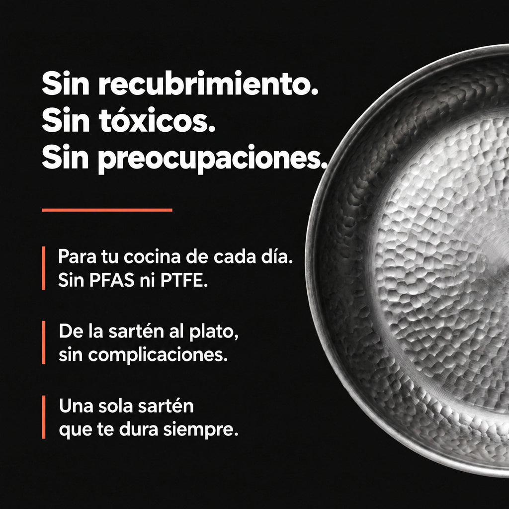 Sartén de Titanio Puro VELORA | Sin recubrimiento, sin PFAS y casi nada se pega